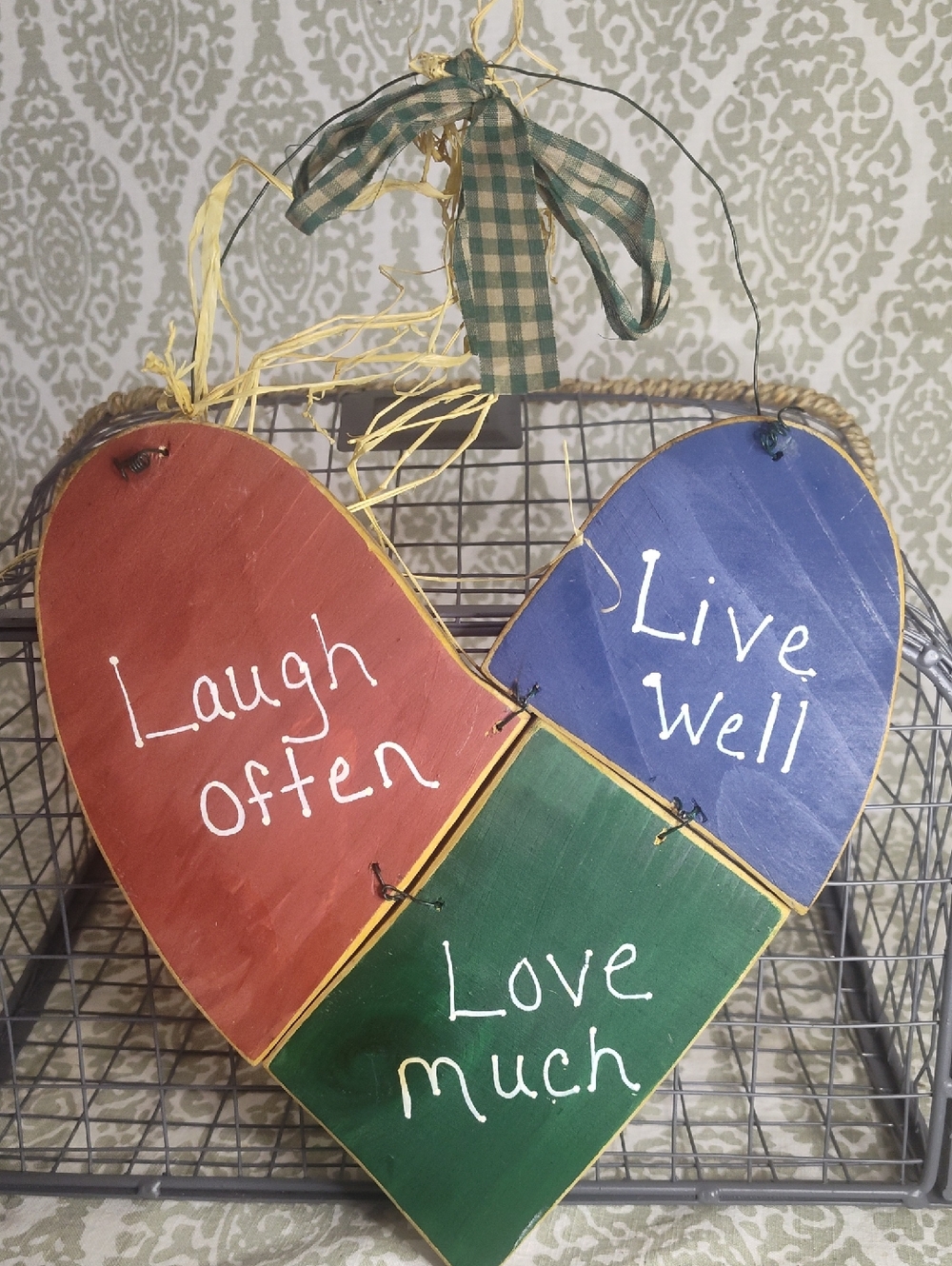 Hand-Painted Vintage Heart Wall Folk Art - Laugh Often Live Well Love Much.